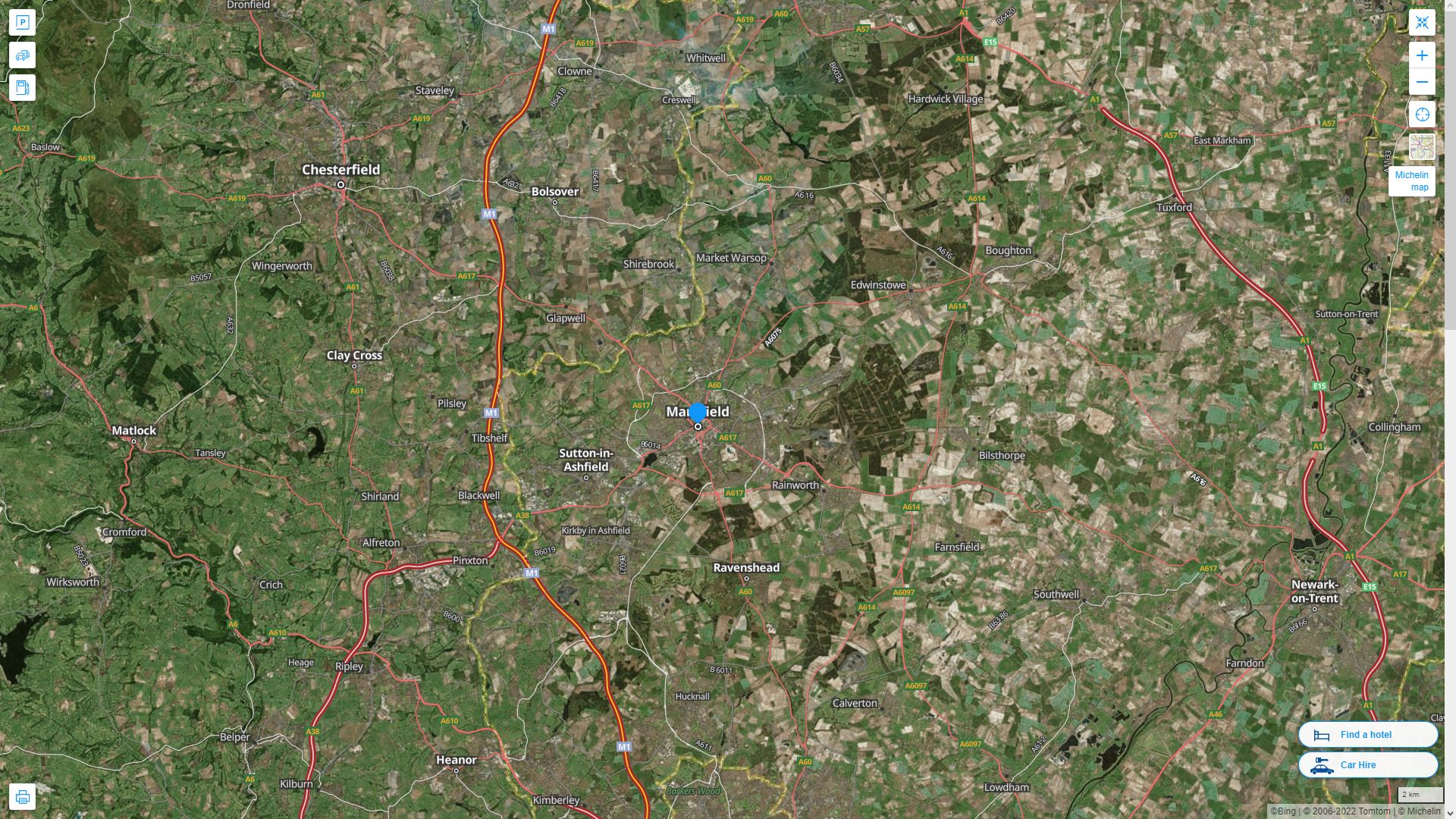 Mansfield Royaume Uni Autoroute et carte routiere avec vue satellite